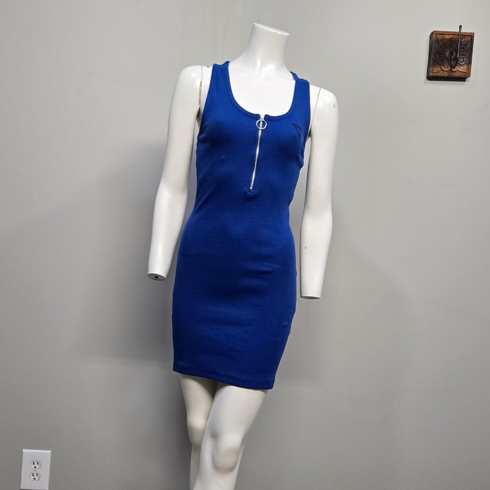 Guess Los Angeles Mini Tank Dress Medium Retro Y2K Blue‎ Rib Knit 1/4 Zip Logo